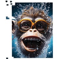 Warren Reed - Designer Splashart Cheeky Chimp Face With Glasses Jigsaw Puzzle in Blue | Size: 500 Piece