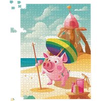 Warren Reed - Designer Piglet On A Beach Holiday Jigsaw Puzzle in Yellow | Size: 500 Piece