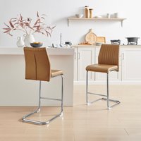 FurnitureboxUK Lorenzo 2x Faux Leather & Silver Counter Stools in Tan