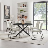 FurnitureboxUK Novara Black Top Dining Table & 6 Halley Fabric Chairs in Cream