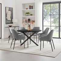 FurnitureboxUK Novara Black Top Dining Table & 6 Beaumont Fabric Chairs in Grey