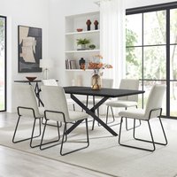 FurnitureboxUK Leonardo Black Top Dining Table & 6 Halley Fabric Chairs in Cream