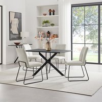 FurnitureboxUK Leonardo Black Top Dining Table & 4 Halley Dark Grey Fabric Chairs in Cream