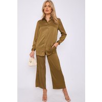 Olive Crepe Satin Co ord Shirt & Trousers Set