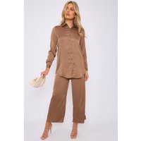 Love Sunshine Women's Caramel Brown Satin Co-ord Shirt & Trousers Set | Size: 12