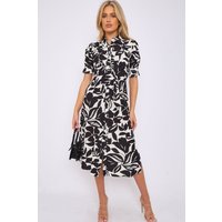 Floral Print Baloon Sleeve Knot Waist Midi Dress