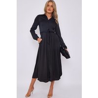 Love Sunshine Women's Layered Satin Long Sleeve Maxi Shirt Dress in Black | Size: 18