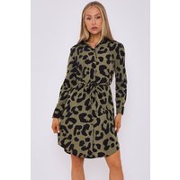 Khaki Leopard Print Mini Shirt Dress