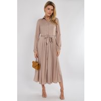 Love Sunshine Women's Layered Satin Long Sleeve Maxi Shirt Dress in Beige | Size: 16