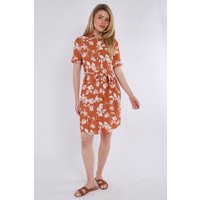 Coral Floral Print Short Sleeve Mini Shirt Dress