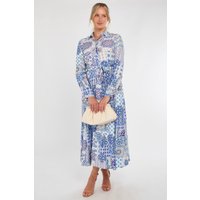 Blue & Tile Print Maxi Shirt Dress