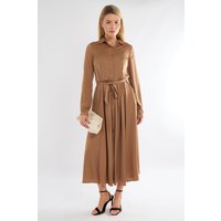 Love Sunshine Women's Layered Satin Long Sleeve Maxi Shirt Dress in Bronze | Size: 14