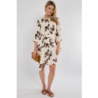 Leaf Print Half Sleeve Mini Shirt Dress Beige
