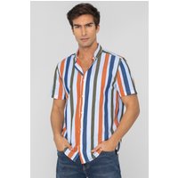 Orange Stripe Button Down Short Sleeves Shirt