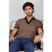 Contrast Cuban Collar Cotton Polo Shirt Brown