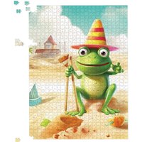 Warren Reed - Designer Happy Frog On A Beach Holiday Jigsaw Puzzle in Yellow | Size: 500 Piece