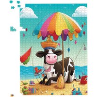 Warren Reed - Designer Cow On A Beach Holiday Jigsaw Puzzle in Yellow | Size: 500 Piece