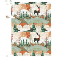 Warren Reed - Designer Reindeer On A Snowy Landscape Pattern Jigsaw Puzzle in Green | Size: 1000 Pieces