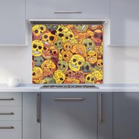 Warren Reed - Designer Autumnal Skulls Pattern Kitchen Splashback in Orange | Size: 600mm x 600mm