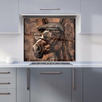 Warren Reed - Designer Dapper Horse with Tweed Cap Kitchen Splashback in Black | Size: 600mm x 650mm