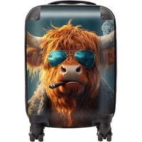 Warren Reed - Designer Highland Cow With Glasses Suitcase in Blue | Size: Small