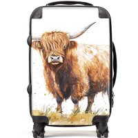 Warren Reed - Designer Watercolour Highland Cow Suitcase in Brown | Size: Cabin