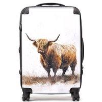 Warren Reed - Designer Highland Cow Watercolour Suitcase in Brown | Size: Medium