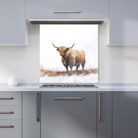 Warren Reed - Designer Highland Cow Watercolour Kitchen Splashback in Brown | Size: 600mm x 600mm