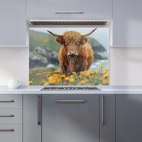 Warren Reed - Designer Highland Cow By The Coast Kitchen Splashback in Brown | Size: 900mm x 650mm