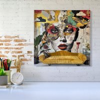 Warren Reed - Designer Abstract Face Behind Sofa Canvas | Size: W16" x H16"