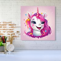 Warren Reed - Designer Happy Unicorn Splashart Canvas in Pink | Size: w10 inch x h10 inch