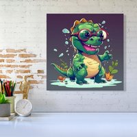 Warren Reed - Designer Happy Dino In A Puddle Canvas | Size: w10 inch x h10 inch