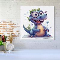 Warren Reed - Designer Happy Dinosaur With Glasses Canvas | Size: W16" x H16"