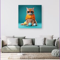 Warren Reed - Designer Cat In Glasses With Balls Of Wool Canvas | Size: w40 inch x h40 inch