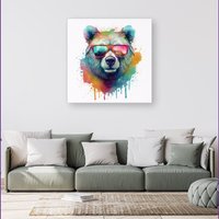Warren Reed - Designer Splashart Colourful Bear In Glasses Canvas | Size: w40 inch x h40 inch