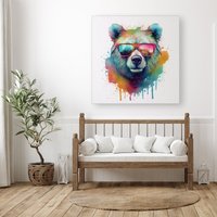 Warren Reed - Designer Splashart Colourful Bear In Glasses Canvas | Size: W30" x H30"