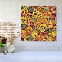 Warren Reed - Designer Autumnal Skulls Pattern Canvas in Orange | Size: w10 inch x h10 inch