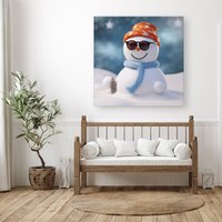 Warren Reed - Designer Smily Snowman Canvas in White | Size: W30" x H30"
