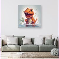 Warren Reed - Designer Dino Having A Splash Canvas in Orange | Size: w40 inch x h40 inch