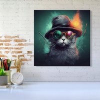 Warren Reed - Designer Fiery Cat In A Hat Canvas | Size: w10 inch x h10 inch