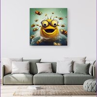 Warren Reed - Designer Happy Worm & Bees Splashart Canvas in Yellow | Size: w40 inch x h40 inch