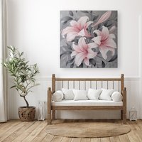 Warren Reed - Designer Pink Lilies On Grey Canvas | Size: W30" x H30"