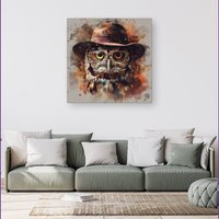 Warren Reed - Designer Owl With Hat & Glasses Canvas in Brown | Size: w40 inch x h40 inch