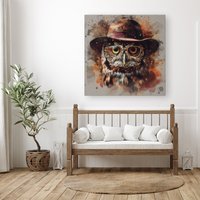 Warren Reed - Designer Owl With Hat & Glasses Canvas in Brown | Size: W30" x H30"