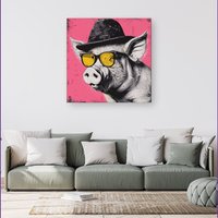 Warren Reed - Designer Pig In A Hat & Glasses Canvas | Size: w40 inch x h40 inch