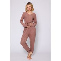 Loungeable Women's Brushed Knit Ribbed Long Sleeved Henley Top & Joggers set in Brown | Size: XS