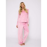 Loungeable Women's Velour heart Traditional Pyjama Set in Pink | Size: XS