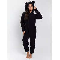 Loungeable Women's Cosy Borg Fleece Hooded Ears All In One in Black | Size: XL