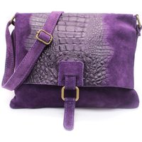 Kitise Women's Croc Skin Flap Over Italian Soft Suede Leather Small Crossbody Shoulder Bag Handbag in Purple