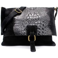 Kitise Women's Croc Skin Flap Over Italian Soft Suede Leather Small Crossbody Shoulder Bag Handbag in Black
